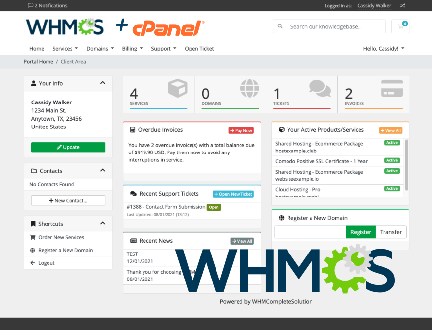 whmcs and cpanel integration client area