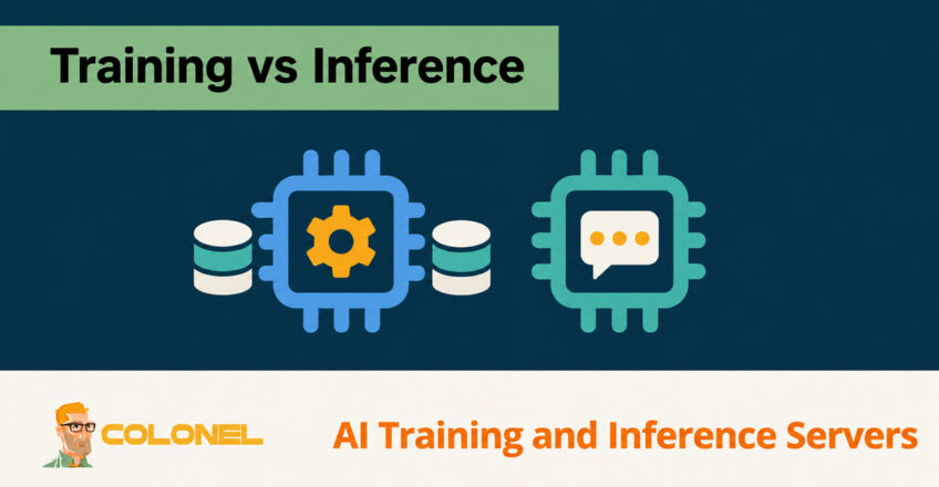 AI training processor with data storage and an inference processor with chat bubbles