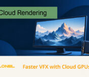 Rendered mountain scene on a monitor beside a GPU for VFX cloud rendering