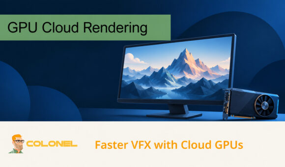 Rendered mountain scene on a monitor beside a GPU for VFX cloud rendering