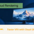 Rendered mountain scene on a monitor beside a GPU for VFX cloud rendering