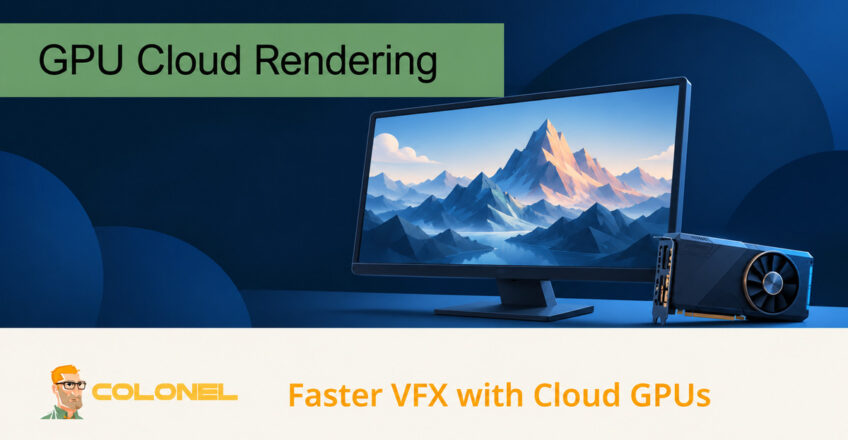 Rendered mountain scene on a monitor beside a GPU for VFX cloud rendering