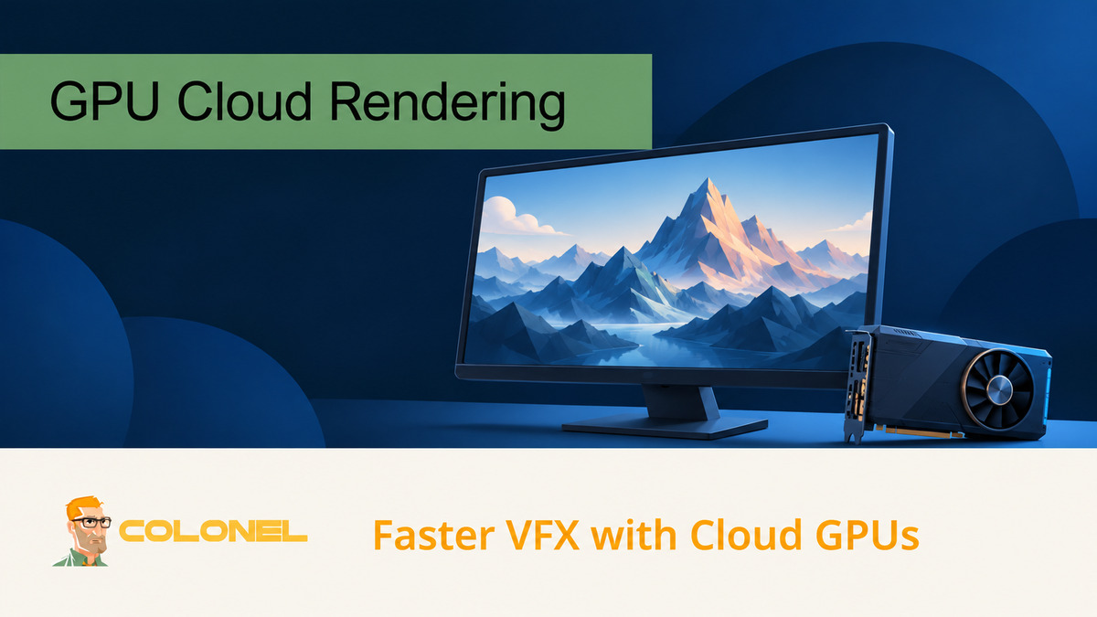 Rendered mountain scene on a monitor beside a GPU for VFX cloud rendering