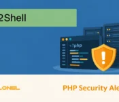 PHP2Shell security alert illustrated with PHP code, server racks and an amber warning shield