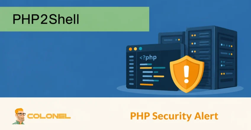 PHP2Shell security alert illustrated with PHP code, server racks and an amber warning shield