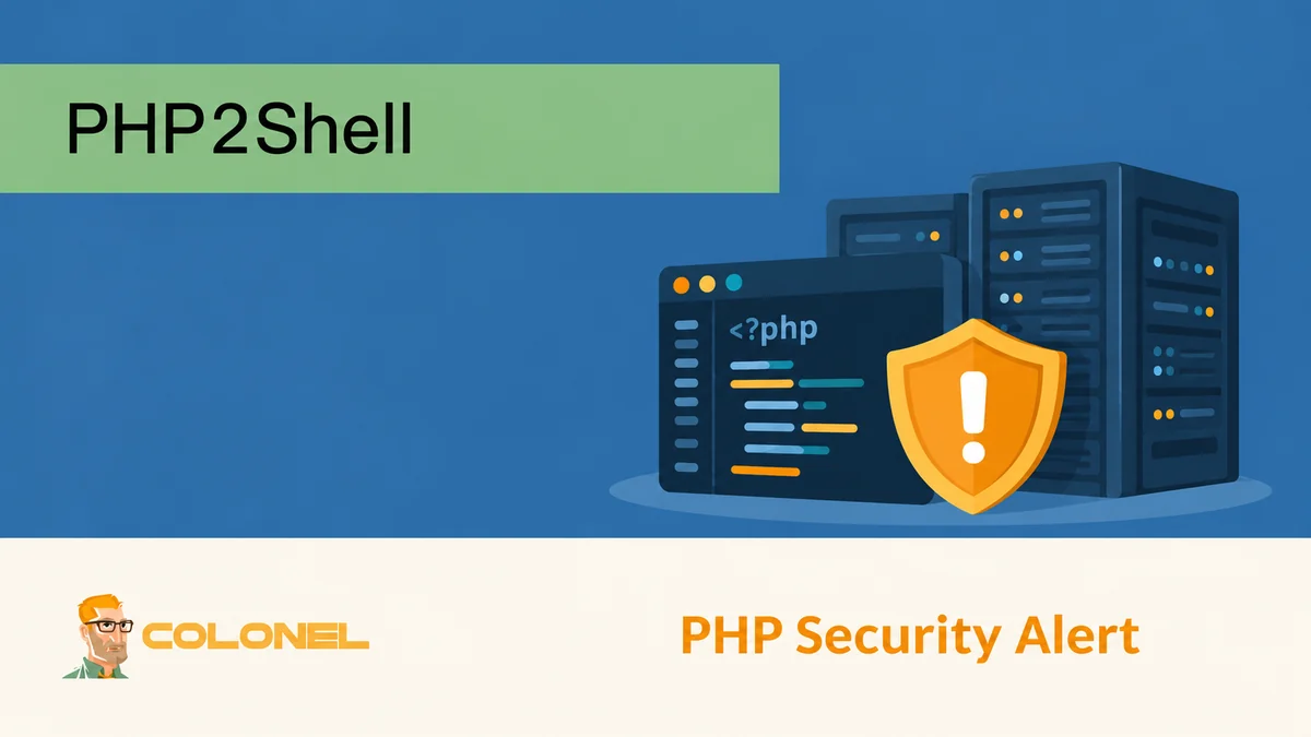 PHP2Shell security alert illustrated with PHP code, server racks and an amber warning shield